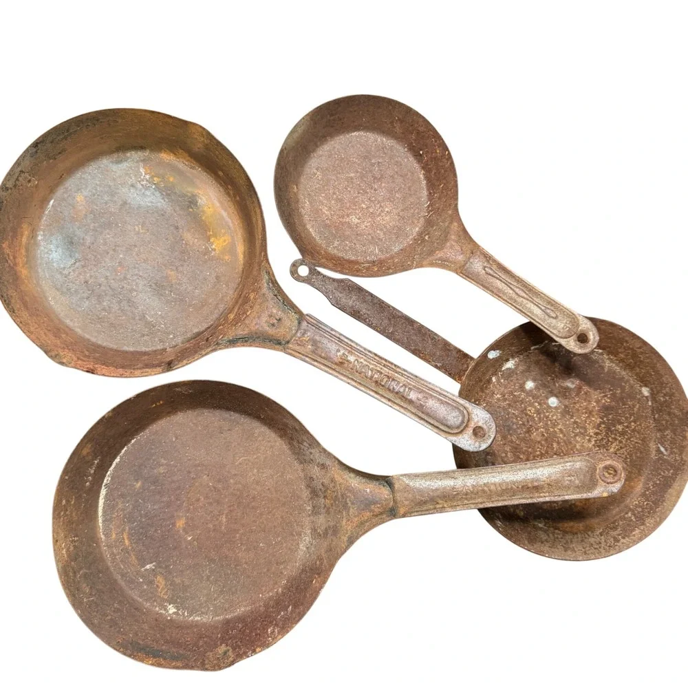 Vintage National Cold Handle Frying Pan Set 4 Cowboy Skillets Carbon Steel Rust